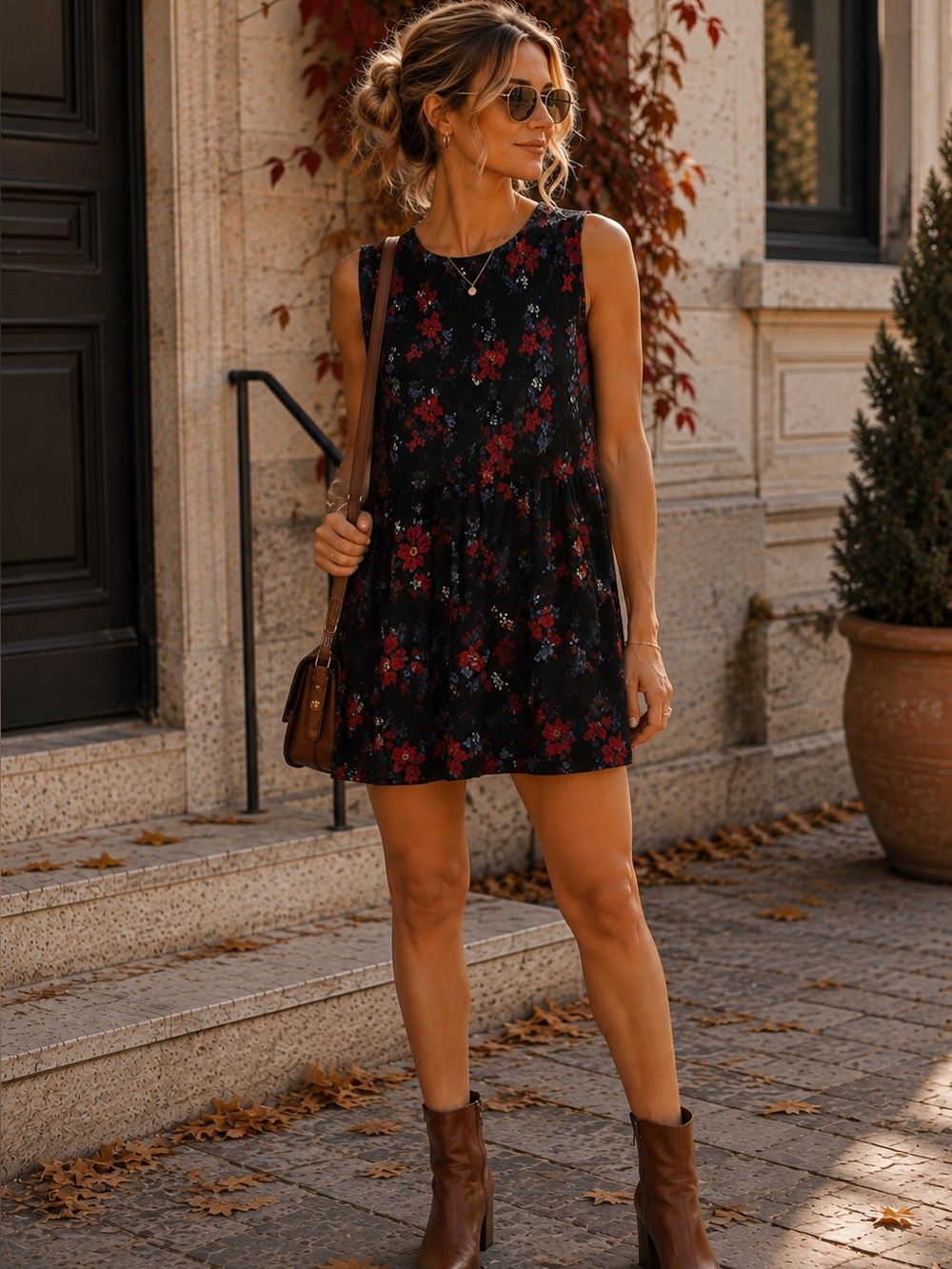 Black Floral A-Line Swing Dress | Sleeveless Red Blue Floral Dress